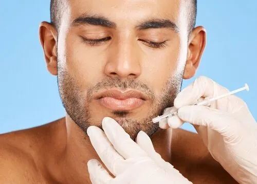 Illustration of PRP injections being administered to the beard area to stimulate hair growth.