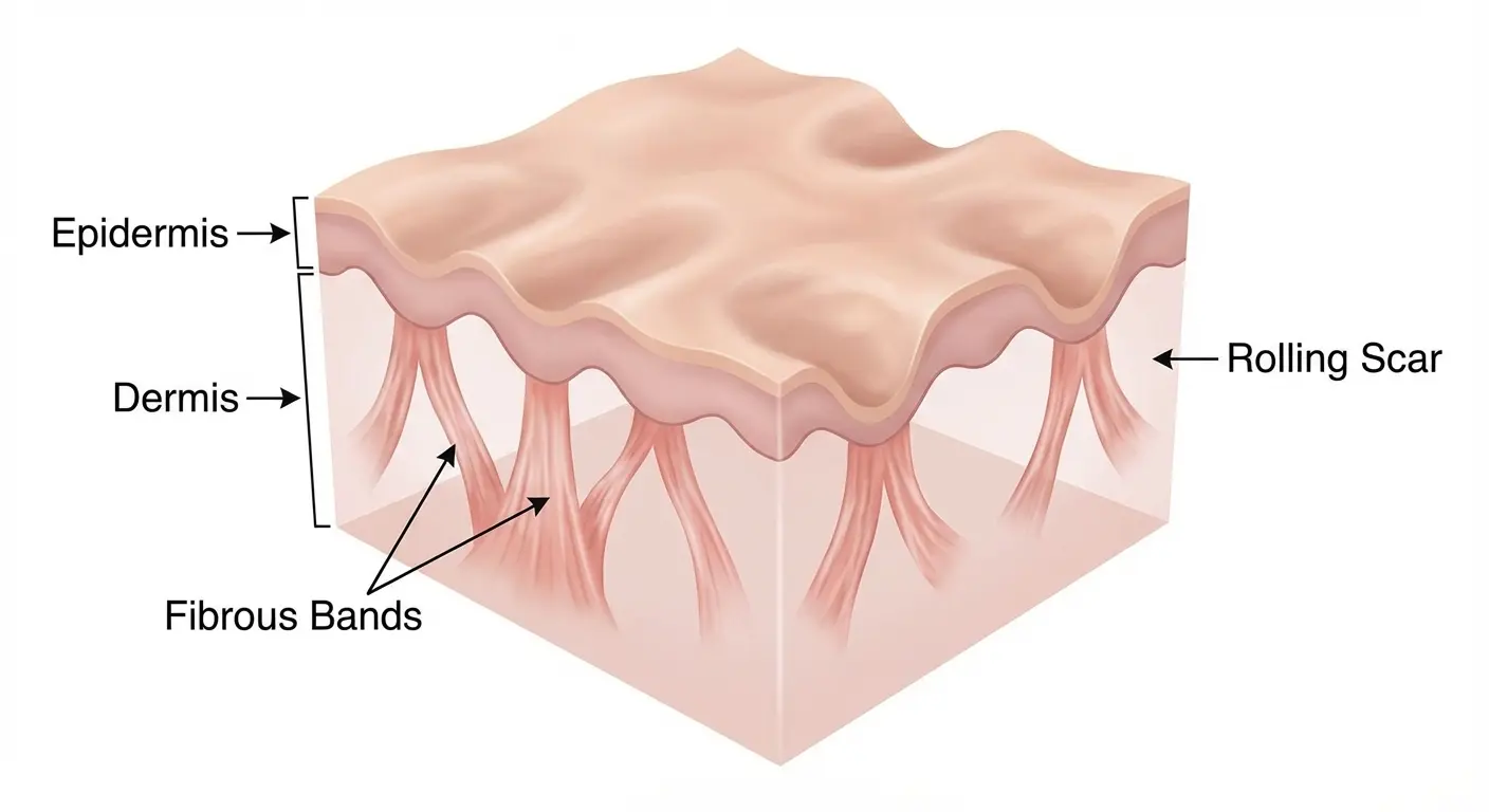 Close-up view of rolling acne scars showing wave-like undulating skin surface caused by fibrous bands pulling downward