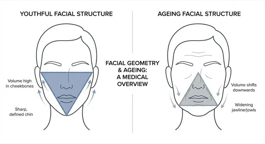 Diagram showing the triangle of youth inverting with age, demonstrating volume loss and descent