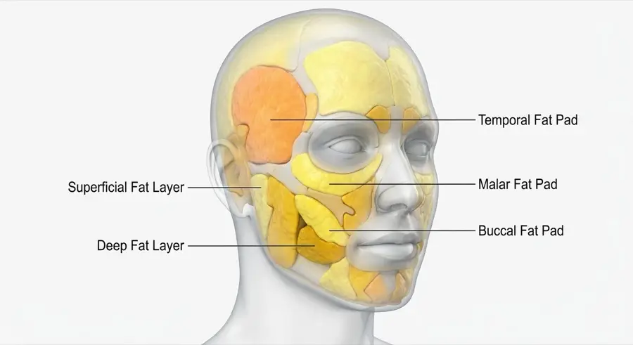 Diagram showing superficial and deep facial fat compartments and how they change with age
