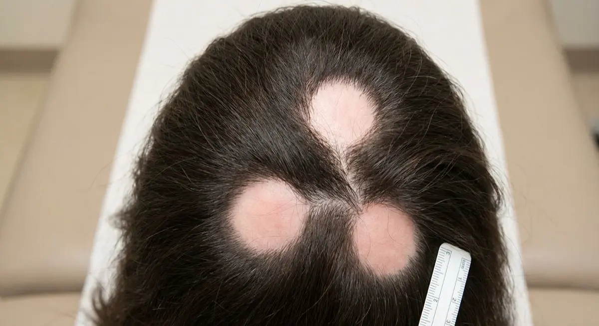 Alopecia areata showing characteristic round, smooth bald patches on the scalp