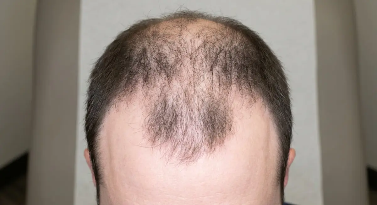 Male pattern baldness showing typical progression with receding hairline at temples and thinning at crown