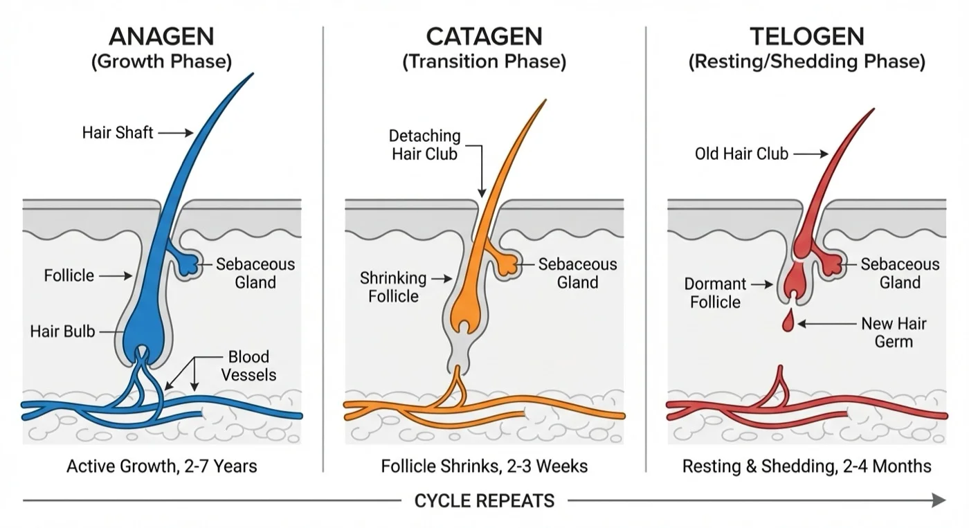 Diagram showing the three phases of hair growth cycle: anagen (growth), catagen (transition), and telogen (resting/shedding)