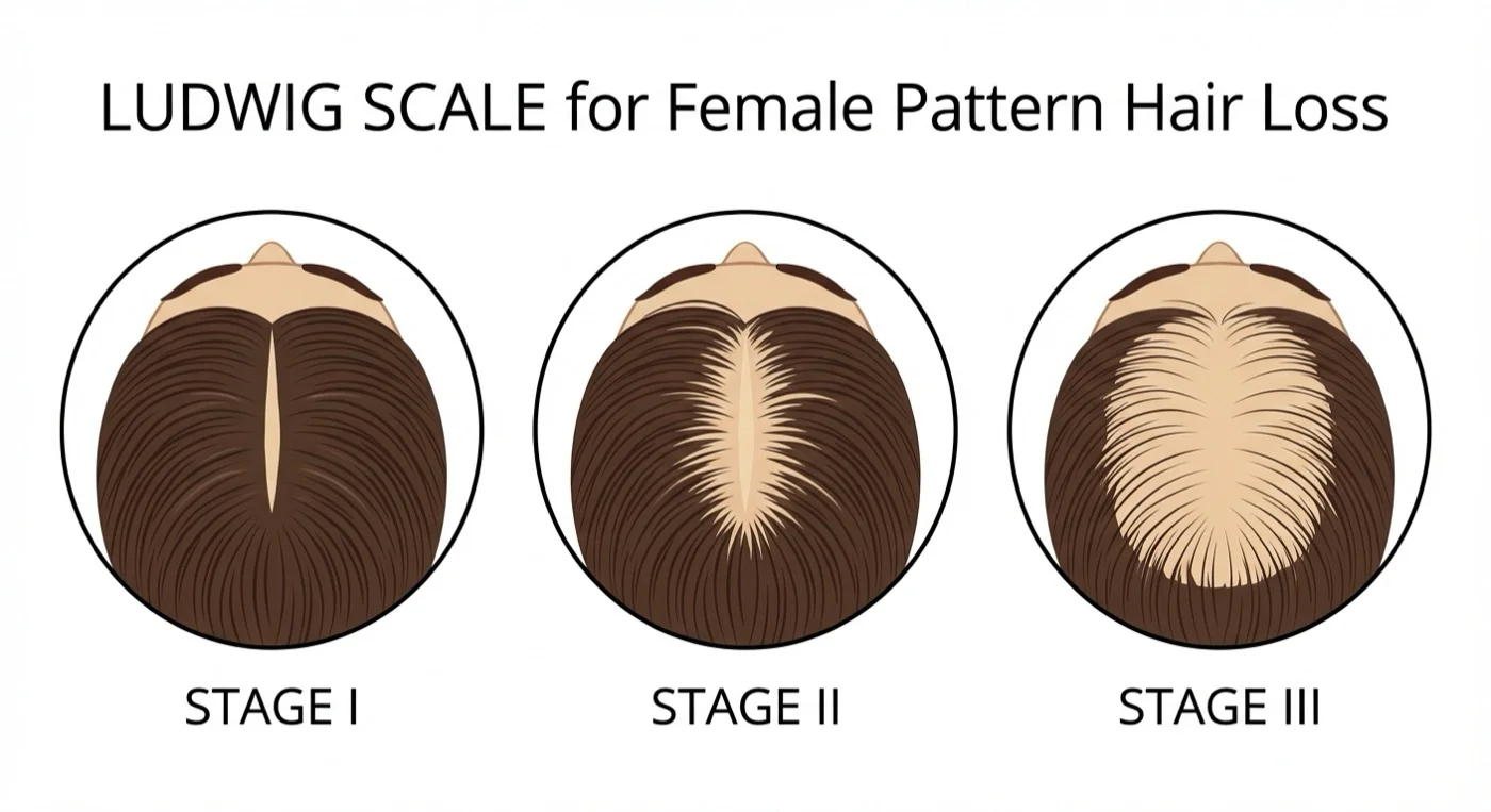 The Ludwig Scale showing 3 stages of female pattern hair loss from mild widening of part (Stage I) to extensive thinning (Stage III)