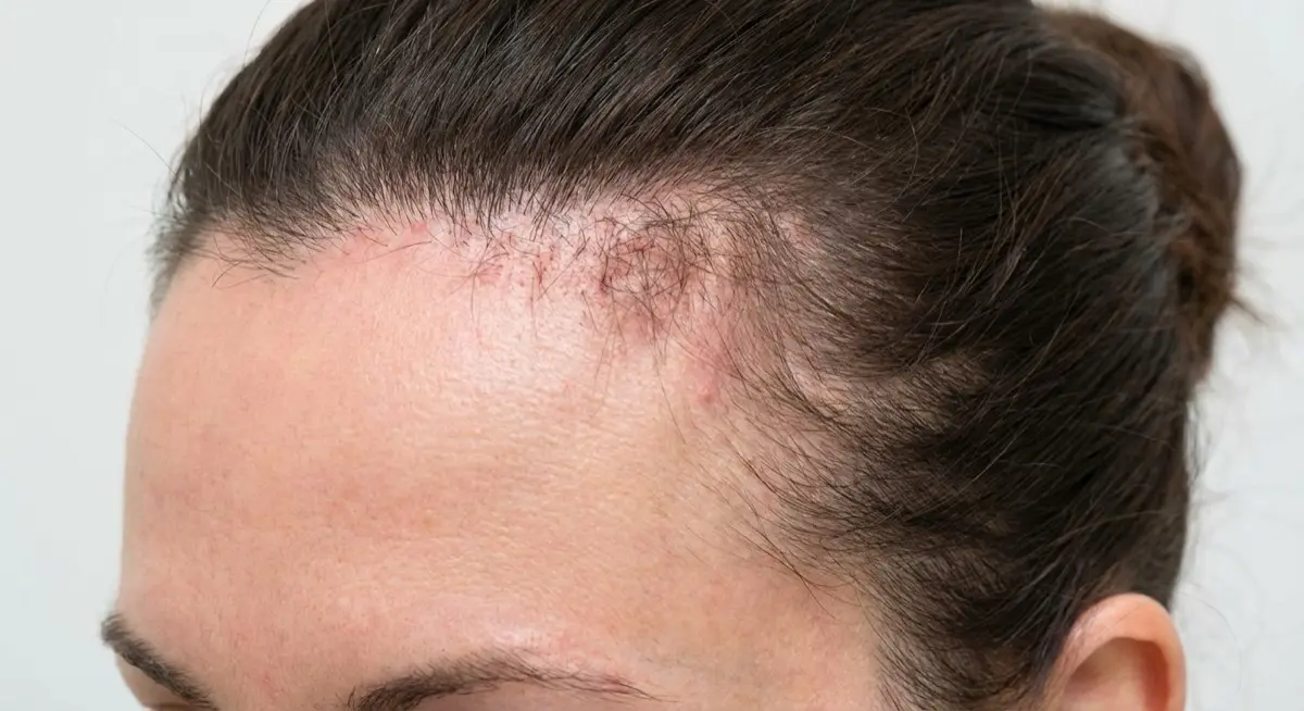 Traction alopecia showing hair loss at the hairline and temples from tight hairstyles