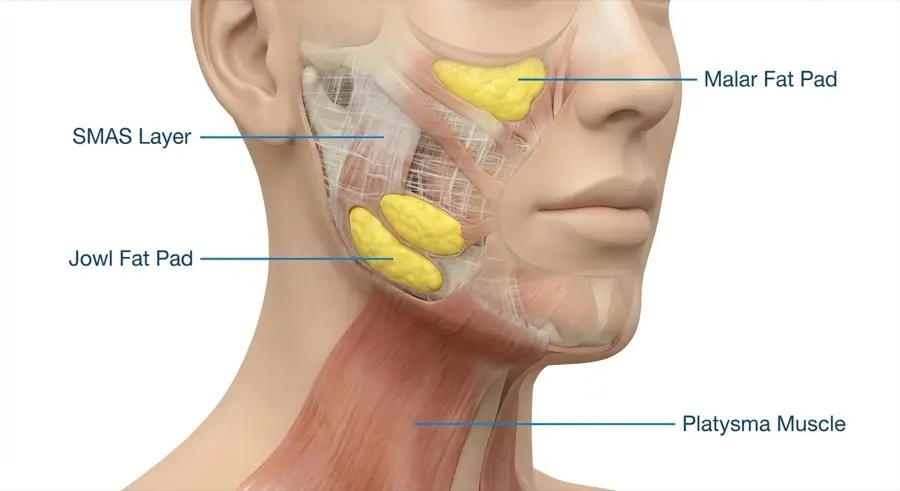 Cross-section diagram showing SMAS layer, buccal fat pad, platysma muscle, and jawbone structure