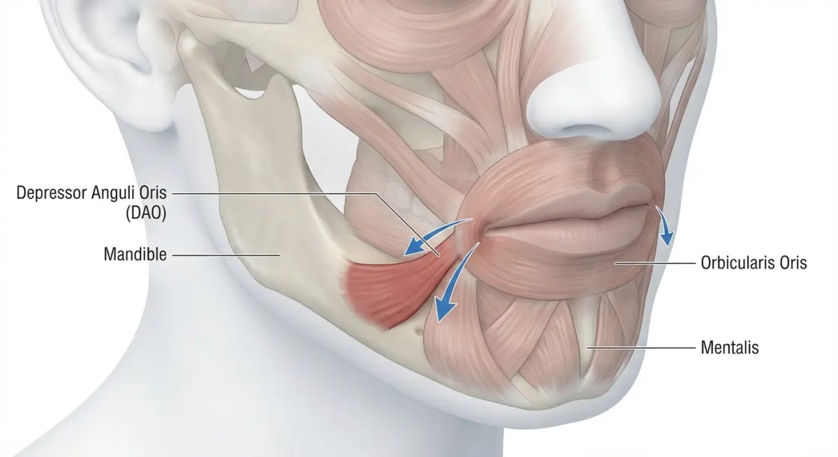 Diagram showing the DAO (depressor anguli oris) muscle and how it pulls the mouth corners downward