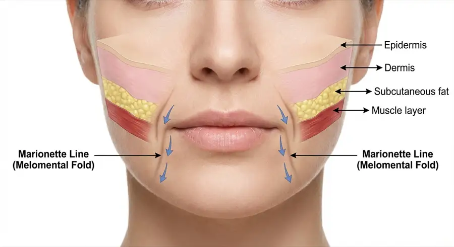 Diagram showing marionette lines running from mouth corners to chin, with DAO muscle and facial anatomy