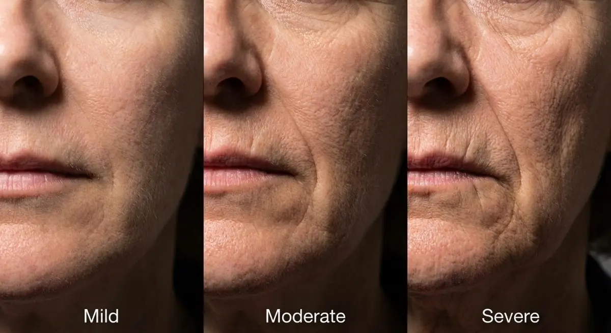 Visual comparison showing mild, moderate and severe marionette lines on real faces