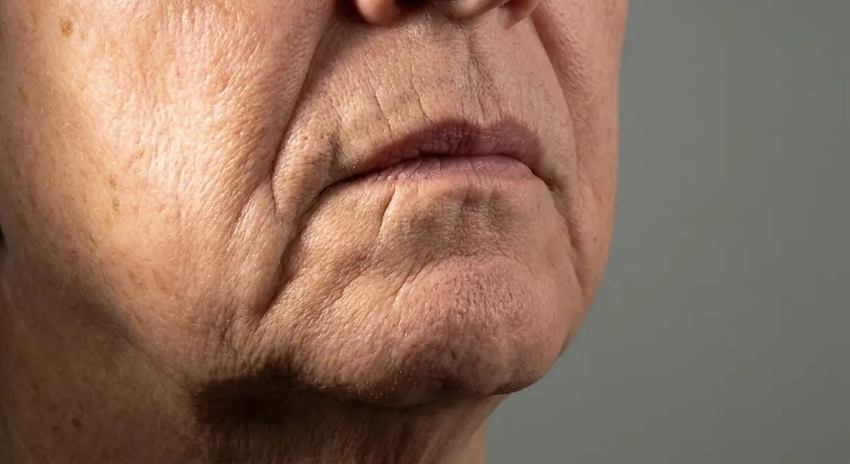 Close-up of face showing deep marionette lines creating a sad, downturned expression at rest