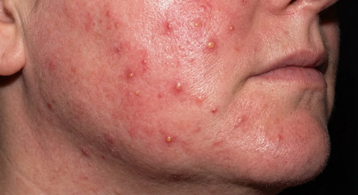 Close-up showing Type 2 papulopustular rosacea with redness and acne-like bumps and pustules