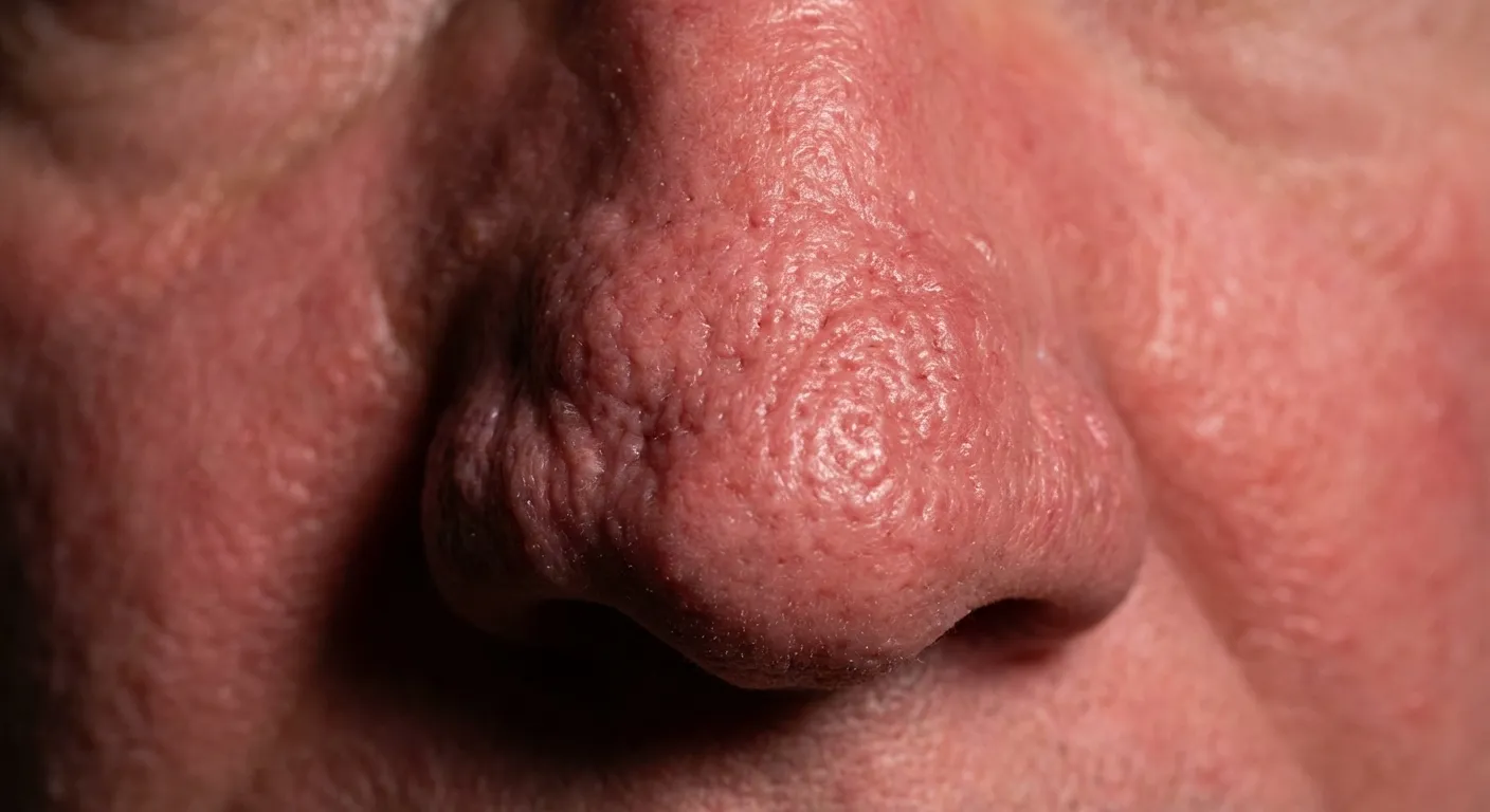 Example of Type 3 phymatous rosacea showing thickened, bumpy skin texture on the nose (rhinophyma)
