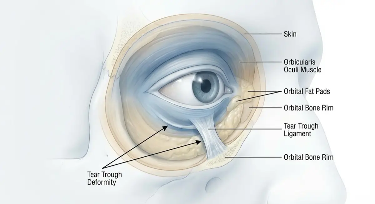 Cross-section diagram showing tear trough anatomy including orbital fat pads, orbicularis oculi muscle, orbital bone rim, and tear trough ligament