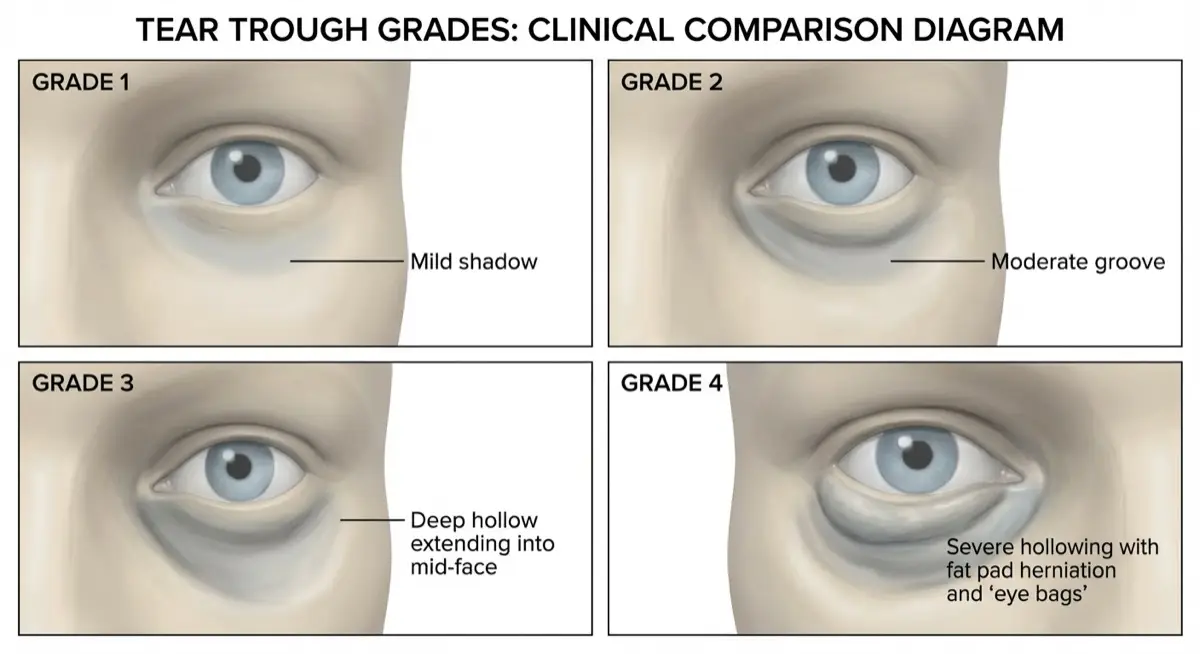 Visual comparison of tear trough grades 1 through 4, showing progression from mild groove to severe hollowing with fat pad herniation