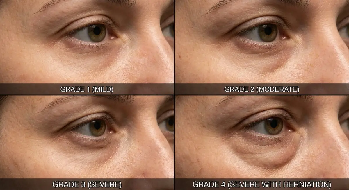 Illustrative diagram showing the progression of under-eye hollowing from Grade 1 mild to Grade 4 severe tear trough deformity
