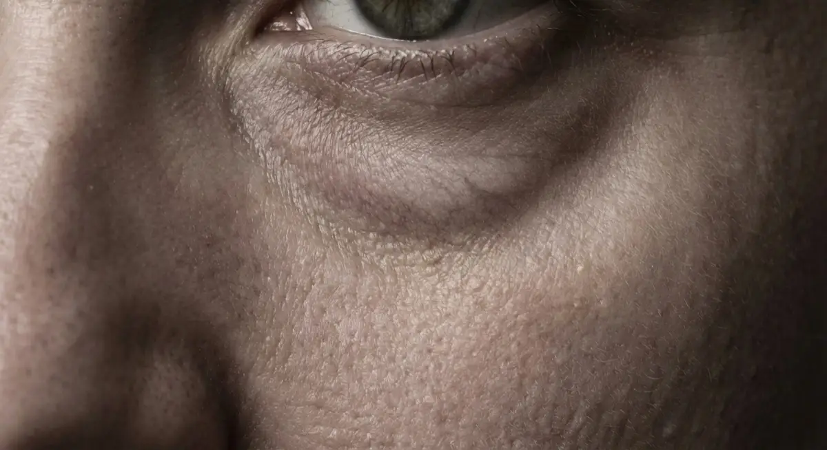 Close-up of under-eye hollowing creating a tired, aged appearance with visible shadows under the eyes