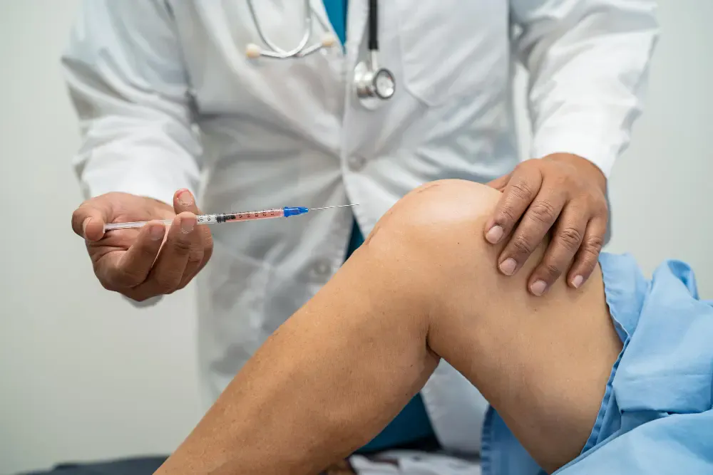 Doctor administering cortisone injection to a patient's knee