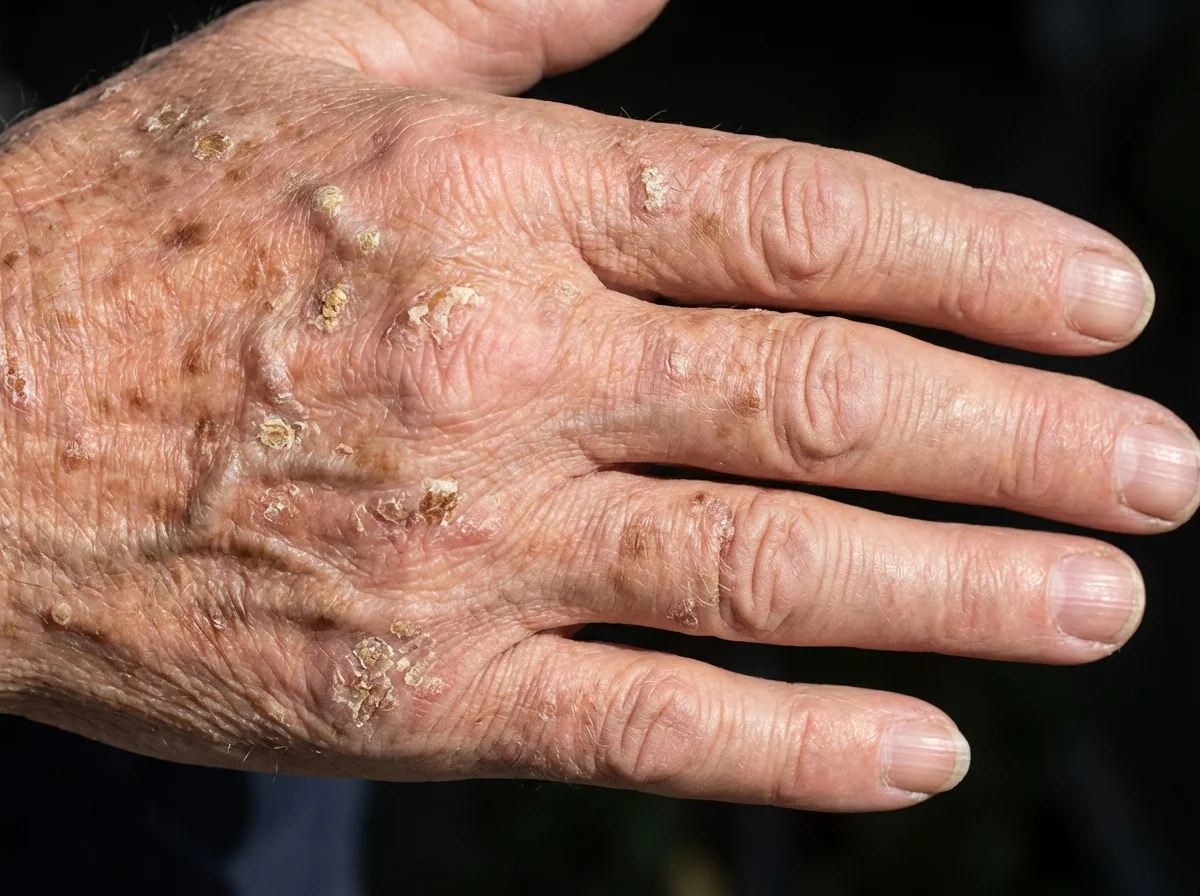 Medical illustration showing the typical clinical presentation of Actinic Keratosis on the hand, featuring rough scaly precancerous patches