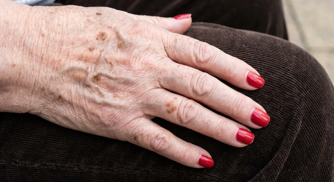Medical illustration showing the typical clinical presentation of Lentigo Simplex on the hand, featuring flat brown pigmented lesions from chronic UV exposure