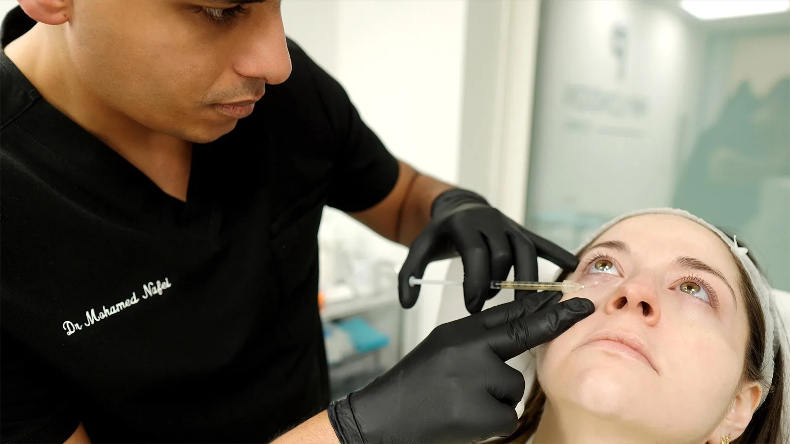 Dr Nafei performing PRF Biofiller under-eye injection at PRP London Clinic – EZ Gel autologous filler treatment for tear trough and dark circles in London