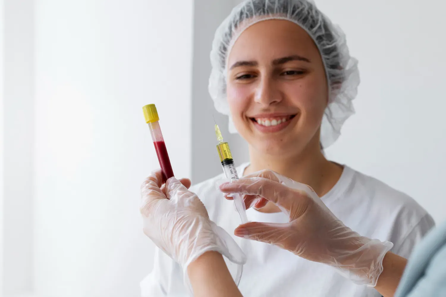 Illustration of PRP therapy process including blood draw and centrifuge